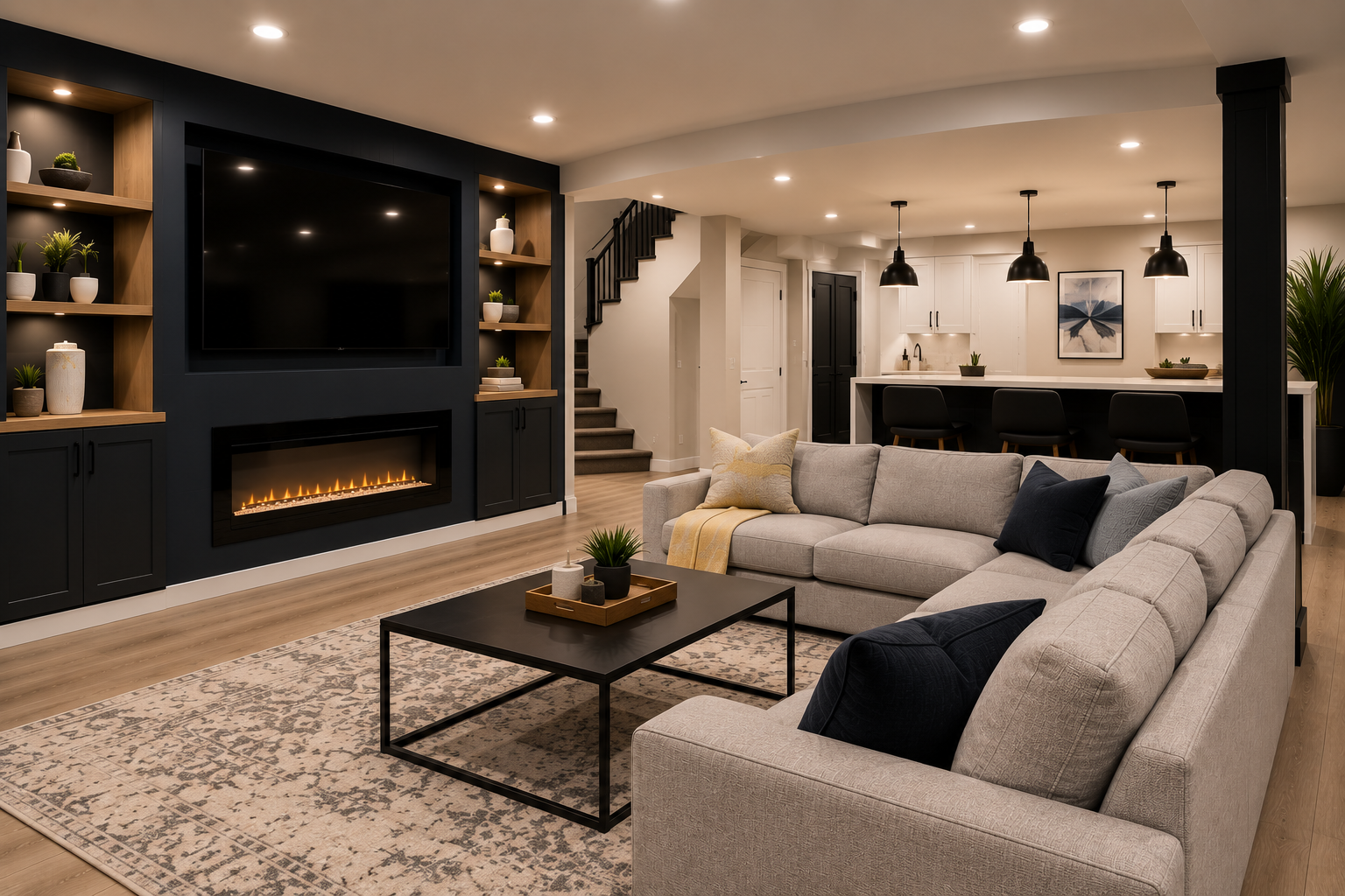 High-end finished basement interior with modern flooring and custom entertainment wall