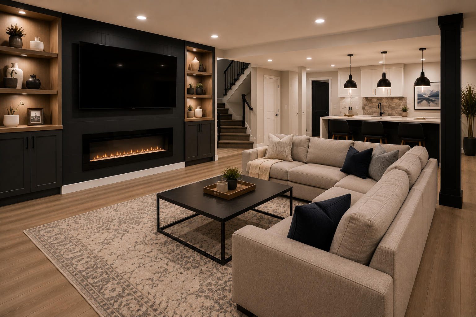 Modern finished basement with fireplace, seating area and wet bar